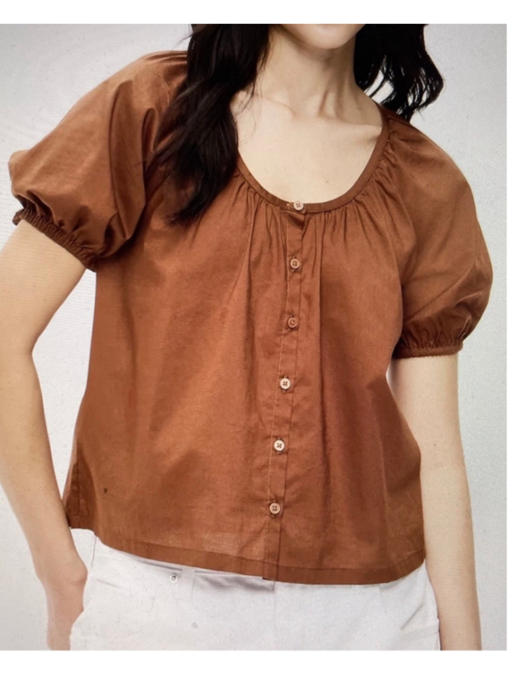 Women's Old Navy Brown Puff Sleeve Button-Down Blouse Size L